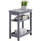 Slim Wood Side End Table with Storage Shelves & Pull-Out Tray, Nightstand for Bedroom, Living Room