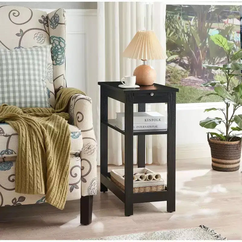 Kings Brand Furniture - Slim Wood Side End Table with Storage Shelves & Pull-Out Tray, Nightstand for Bedroom, Living Room