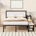 Full-Size Metal Platform Bed with Two-Level Storage Shelves and Wooden Storage Cabinet