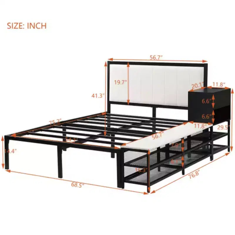 Full-Size Metal Platform Bed with Two-Level Storage Shelves and Wooden Storage Cabinet