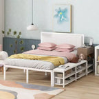 Full-Size Metal Platform Bed with Two-Level Storage Shelves and Wooden Storage Cabinet