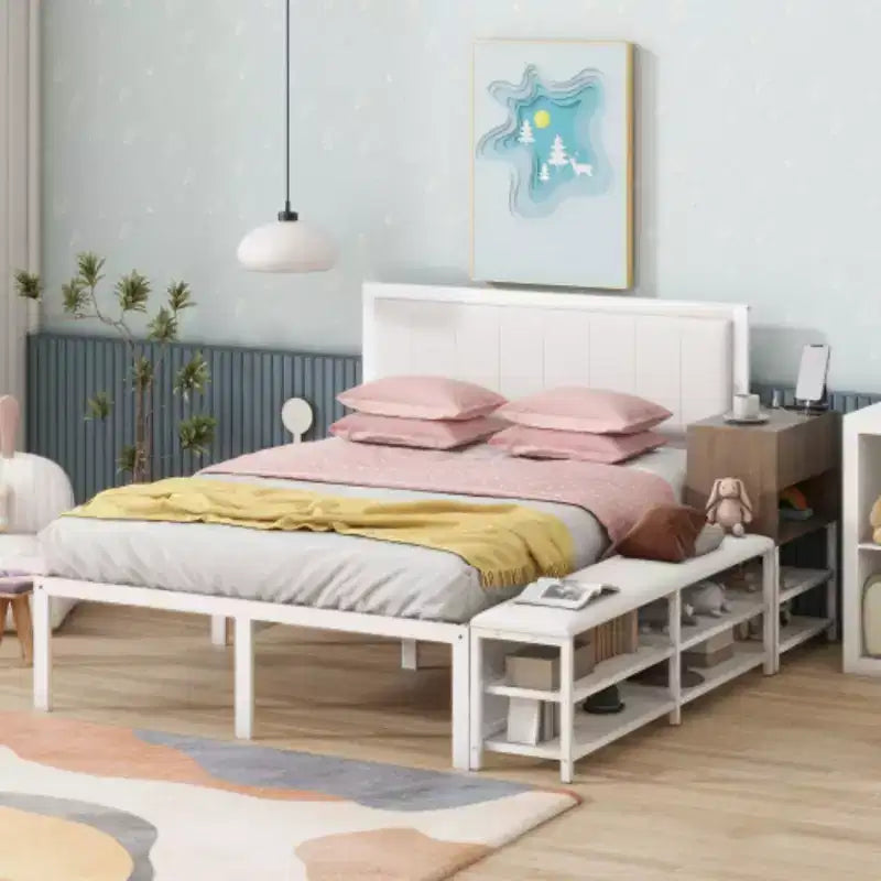 Full-Size Metal Platform Bed with Two-Level Storage Shelves and Wooden Storage Cabinet