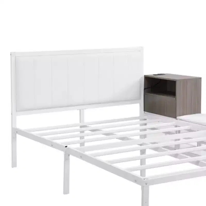 Full-Size Metal Platform Bed with Two-Level Storage Shelves and Wooden Storage Cabinet