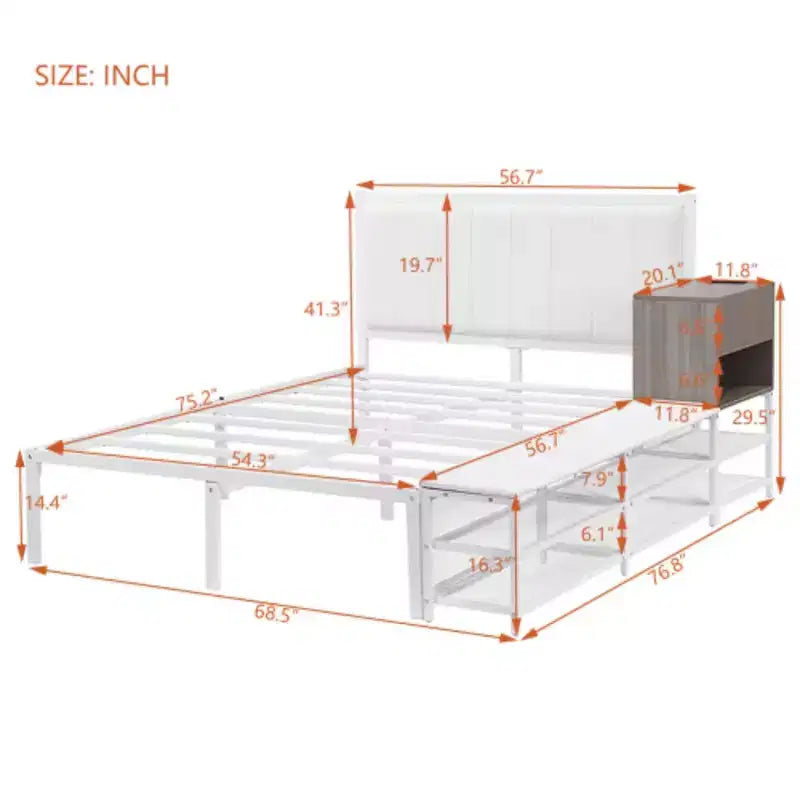 Full-Size Metal Platform Bed with Two-Level Storage Shelves and Wooden Storage Cabinet