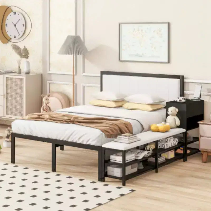 Full-Size Metal Platform Bed with Two-Level Storage Shelves and Wooden Storage Cabinet