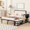 Full-Size Metal Platform Bed with Two-Level Storage Shelves and Wooden Storage Cabinet