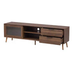 Modern TV Stand for TVs up to 80'', TV Media Console with 2 Glass Doors, Entertainment Center with 2 Drawers & Storage Cabinet, Walnut