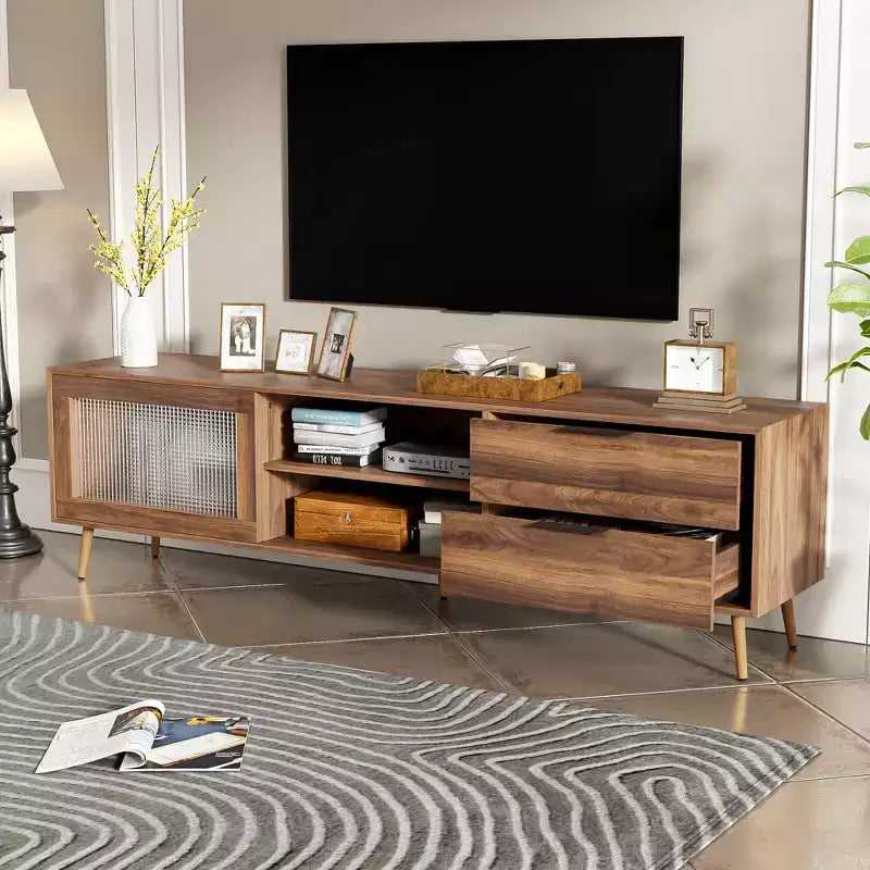 Modern TV Stand for TVs up to 80'', TV Media Console with 2 Glass Doors, Entertainment Center with 2 Drawers & Storage Cabinet, Walnut