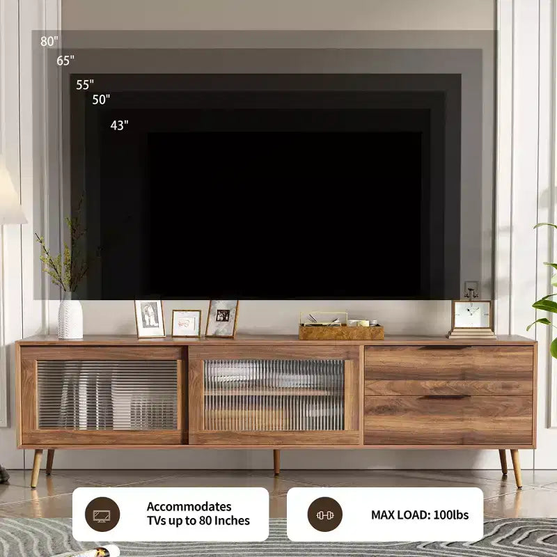 Modern TV Stand for TVs up to 80'', TV Media Console with 2 Glass Doors, Entertainment Center with 2 Drawers & Storage Cabinet, Walnut
