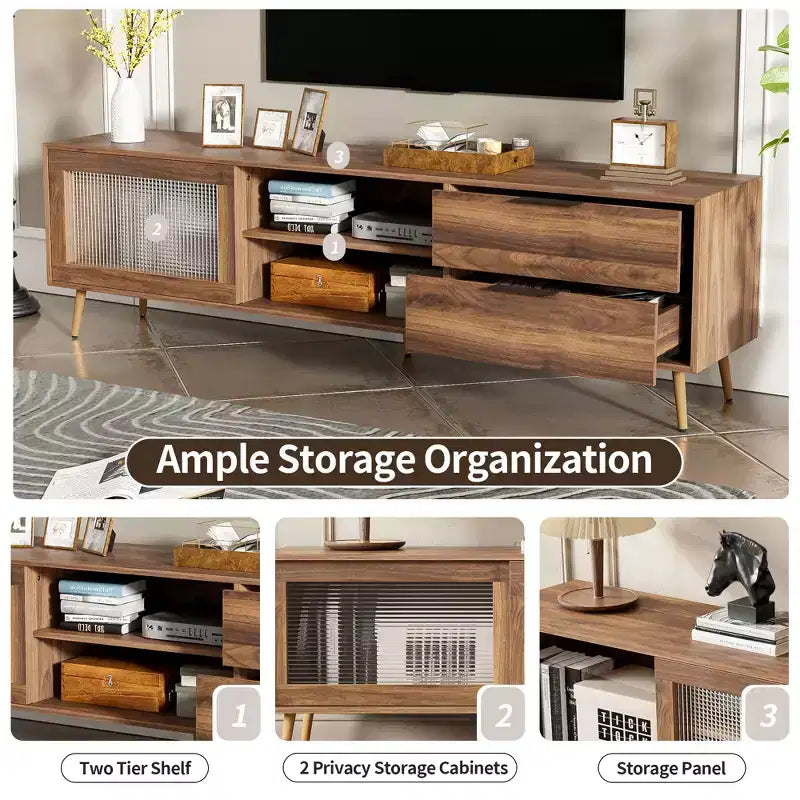 Modern TV Stand for TVs up to 80'', TV Media Console with 2 Glass Doors, Entertainment Center with 2 Drawers & Storage Cabinet, Walnut