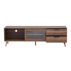 Modern TV Stand for TVs up to 80'', TV Media Console with 2 Glass Doors, Entertainment Center with 2 Drawers & Storage Cabinet, Walnut