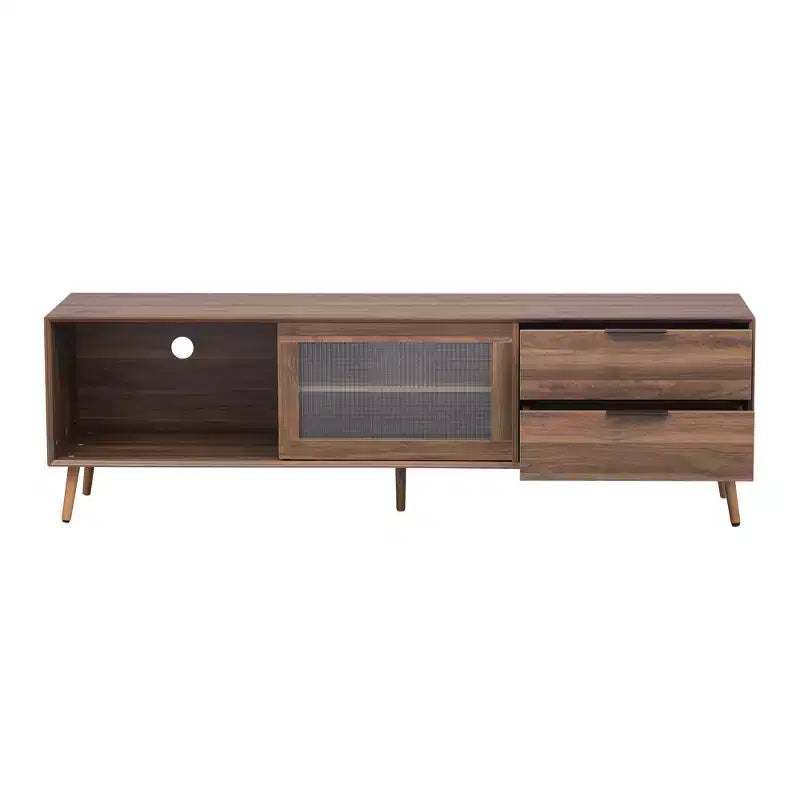 Modern TV Stand for TVs up to 80'', TV Media Console with 2 Glass Doors, Entertainment Center with 2 Drawers & Storage Cabinet, Walnut