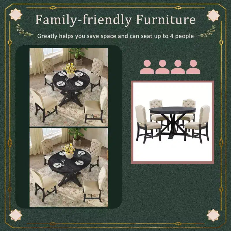 Retro Style Dining Table with Extendable Table and 4 Upholstered Chairs