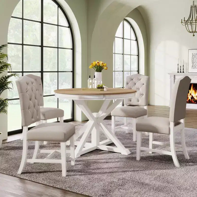 Retro Style Dining Table with Extendable Table and 4 Upholstered Chairs