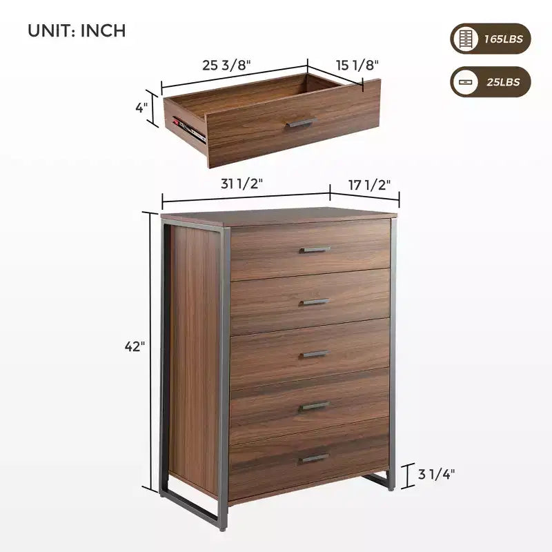 42 Chest 5-Drawers Dresser Accent Cabinet Walnut