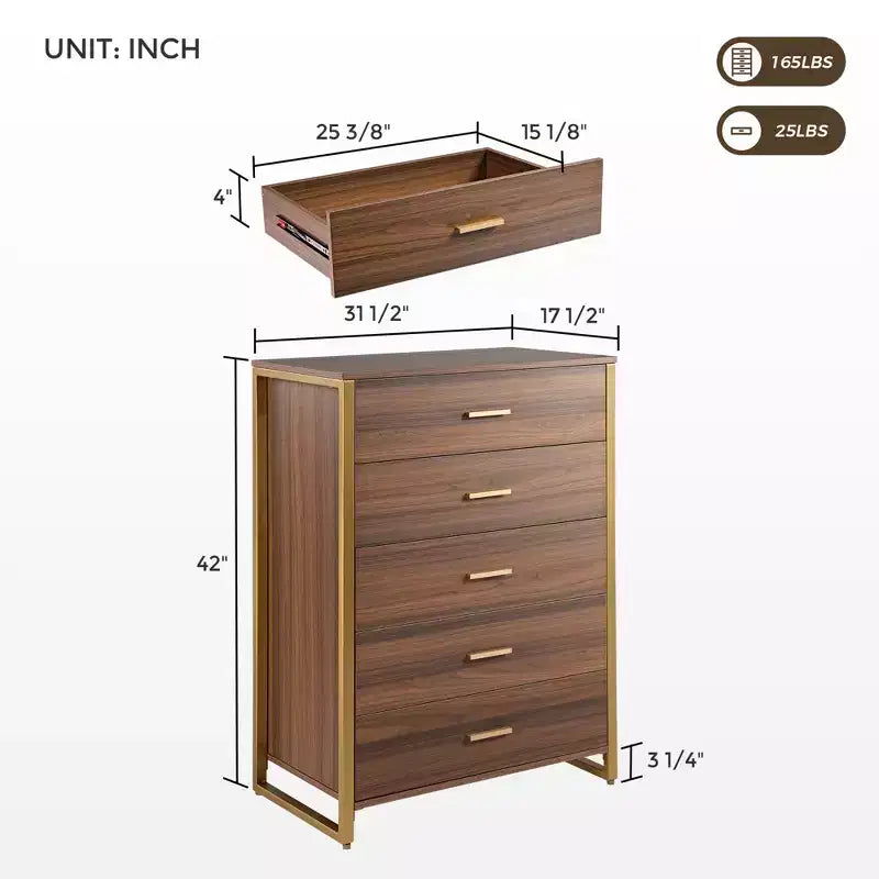 42 Chest 5-Drawers Dresser Accent Cabinet Walnut