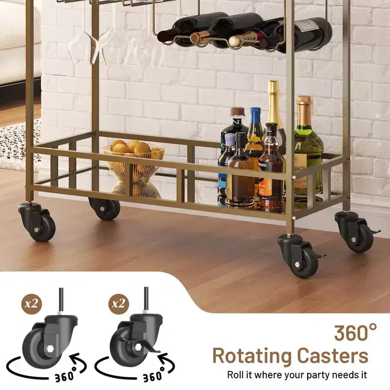 2 Tier Rolling Wine Bar Cart for Home, Small Alcohol Liquor Cart with Mirrored Shelves, Wine Racks & Glass Holder