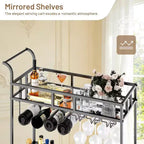 2 Tier Rolling Wine Bar Cart for Home, Small Alcohol Liquor Cart with Mirrored Shelves, Wine Racks & Glass Holder