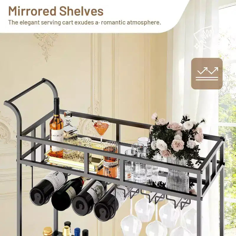 2 Tier Rolling Wine Bar Cart for Home, Small Alcohol Liquor Cart with Mirrored Shelves, Wine Racks & Glass Holder