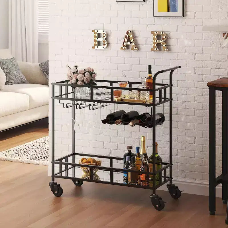 2 Tier Rolling Wine Bar Cart for Home, Small Alcohol Liquor Cart with Mirrored Shelves, Wine Racks & Glass Holder
