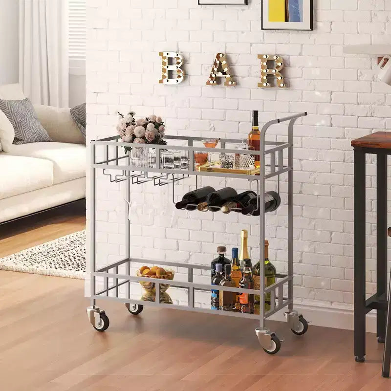 2 Tier Rolling Wine Bar Cart for Home, Small Alcohol Liquor Cart with Mirrored Shelves, Wine Racks & Glass Holder