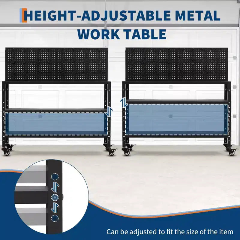 Workbench with Pegboard, Steel Frame Work Table w/ Storage Shelves for Garage & Workshop