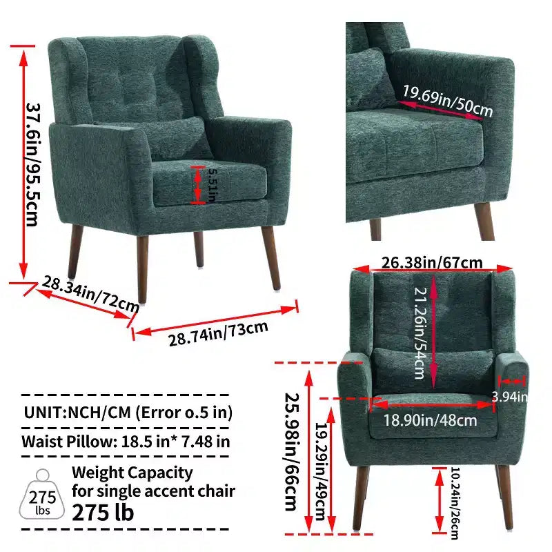 Chenille Accent Chair, Modern Lounge Armchair with Throw Pillow, Ergonomic Back, Tapered Wood Legs, Reading Chair for Living Room, Bedroom
