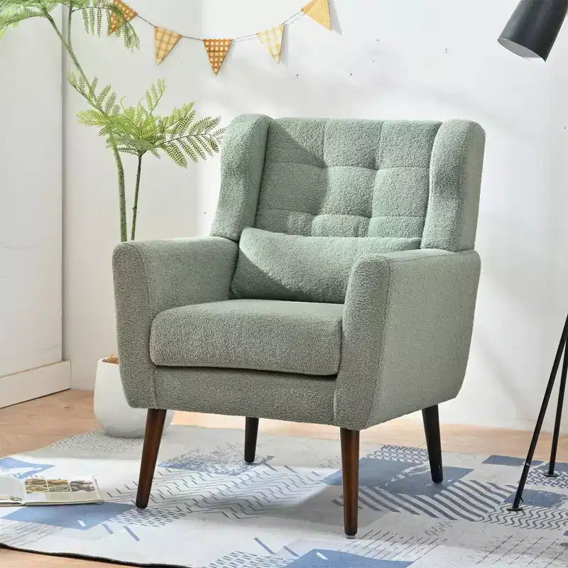 Chenille Accent Chair, Modern Lounge Armchair with Throw Pillow, Ergonomic Back, Tapered Wood Legs, Reading Chair for Living Room, Bedroom