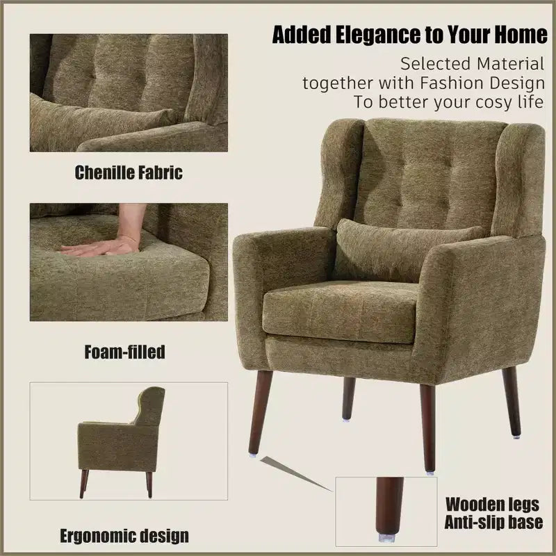 Chenille Accent Chair, Modern Lounge Armchair with Throw Pillow, Ergonomic Back, Tapered Wood Legs, Reading Chair for Living Room, Bedroom