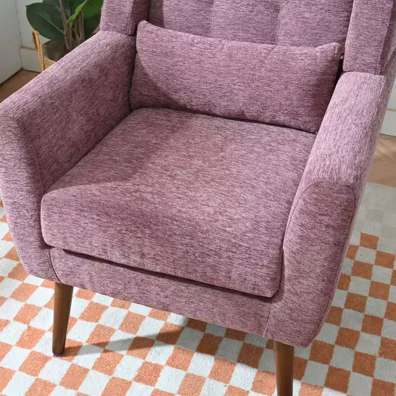 Chenille Accent Chair, Modern Lounge Armchair with Throw Pillow, Ergonomic Back, Tapered Wood Legs, Reading Chair for Living Room, Bedroom