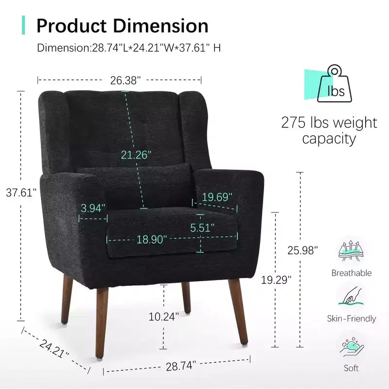 Chenille Accent Chair, Modern Lounge Armchair with Throw Pillow, Ergonomic Back, Tapered Wood Legs, Reading Chair for Living Room, Bedroom