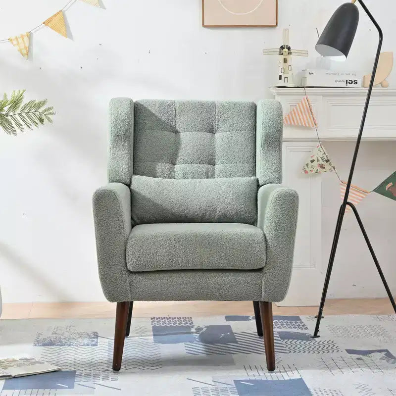 Chenille Accent Chair, Modern Lounge Armchair with Throw Pillow, Ergonomic Back, Tapered Wood Legs, Reading Chair for Living Room, Bedroom
