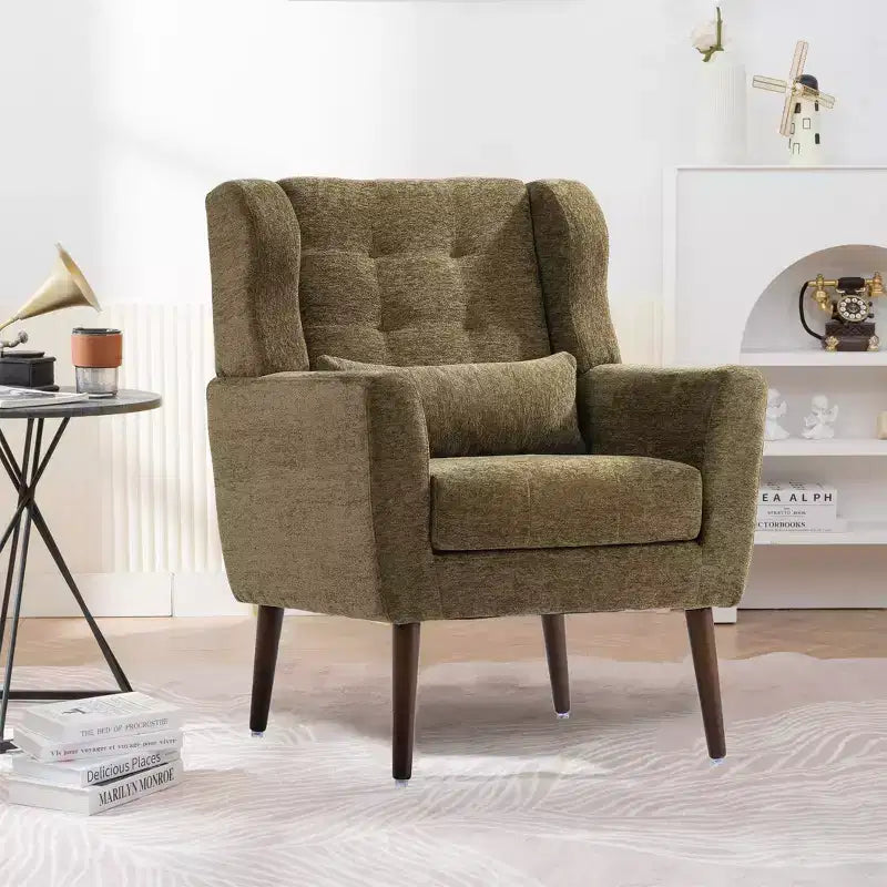 Chenille Accent Chair, Modern Lounge Armchair with Throw Pillow, Ergonomic Back, Tapered Wood Legs, Reading Chair for Living Room, Bedroom
