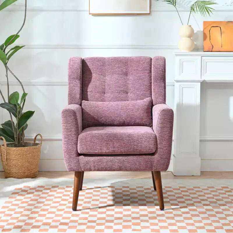 Chenille Accent Chair, Modern Lounge Armchair with Throw Pillow, Ergonomic Back, Tapered Wood Legs, Reading Chair for Living Room, Bedroom