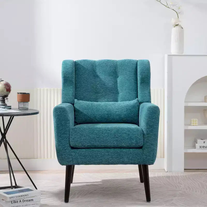 Chenille Accent Chair, Modern Lounge Armchair with Throw Pillow, Ergonomic Back, Tapered Wood Legs, Reading Chair for Living Room, Bedroom