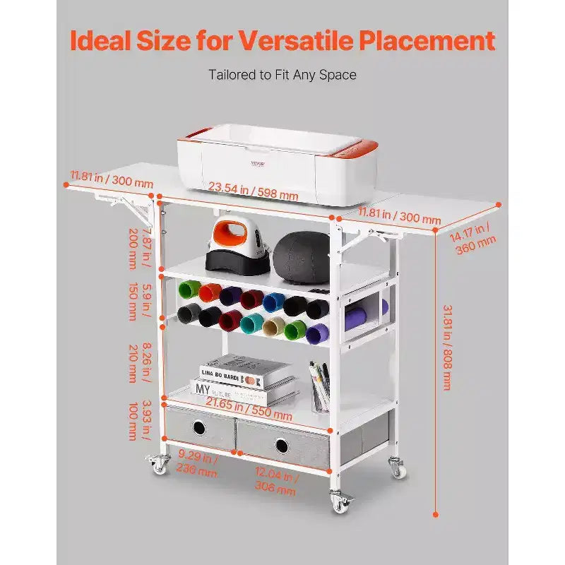 Rolling Craft Cart & Storage Table, Compatible, Foldable Sides, 14 Vinyl Roll Holders & 2 Drawers