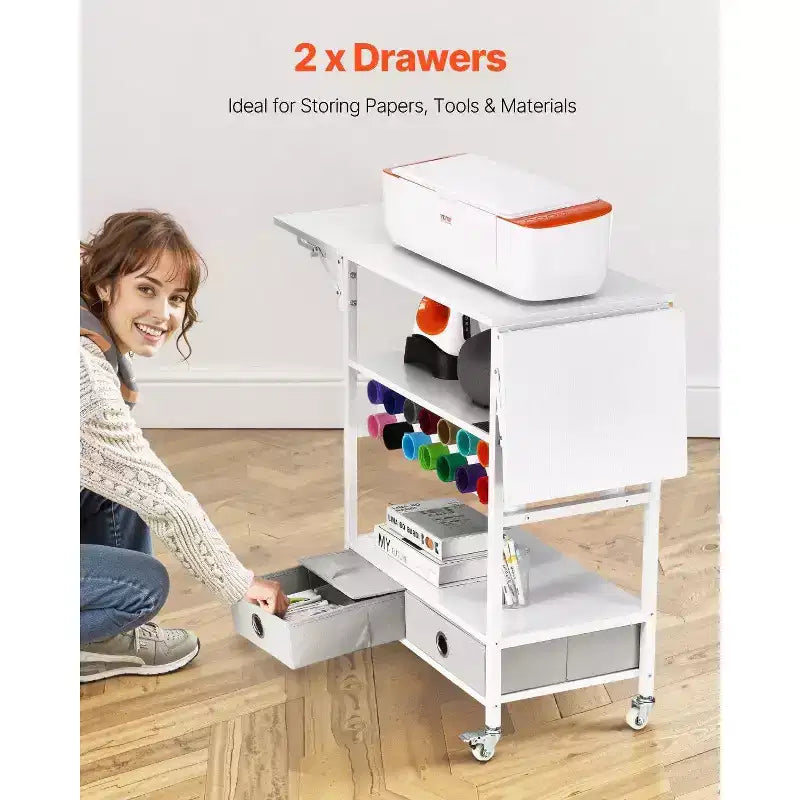 Rolling Craft Cart & Storage Table, Compatible, Foldable Sides, 14 Vinyl Roll Holders & 2 Drawers