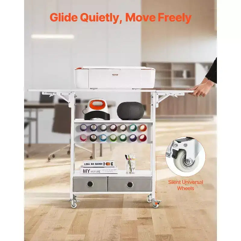 Rolling Craft Cart & Storage Table, Compatible, Foldable Sides, 14 Vinyl Roll Holders & 2 Drawers