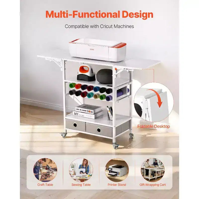 Rolling Craft Cart & Storage Table, Compatible, Foldable Sides, 14 Vinyl Roll Holders & 2 Drawers