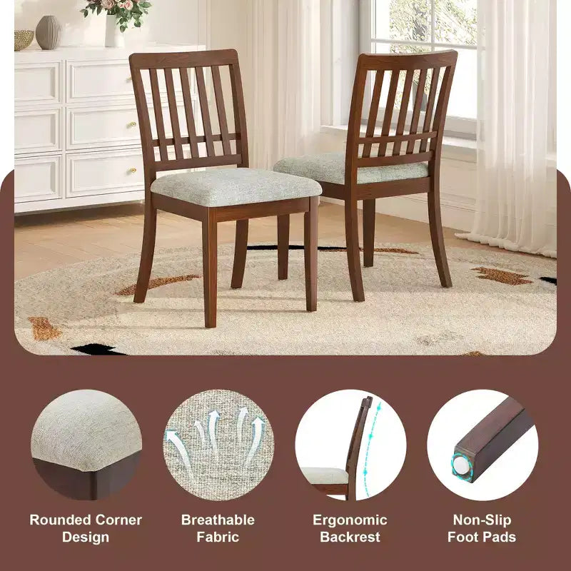 Dining Chairs with Curved Wood Backrest and Gray Fabric Seat