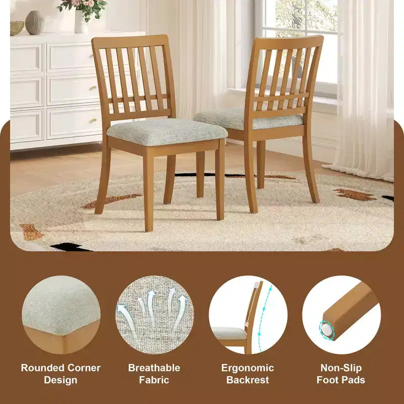 Dining Chairs with Curved Wood Backrest and Gray Fabric Seat