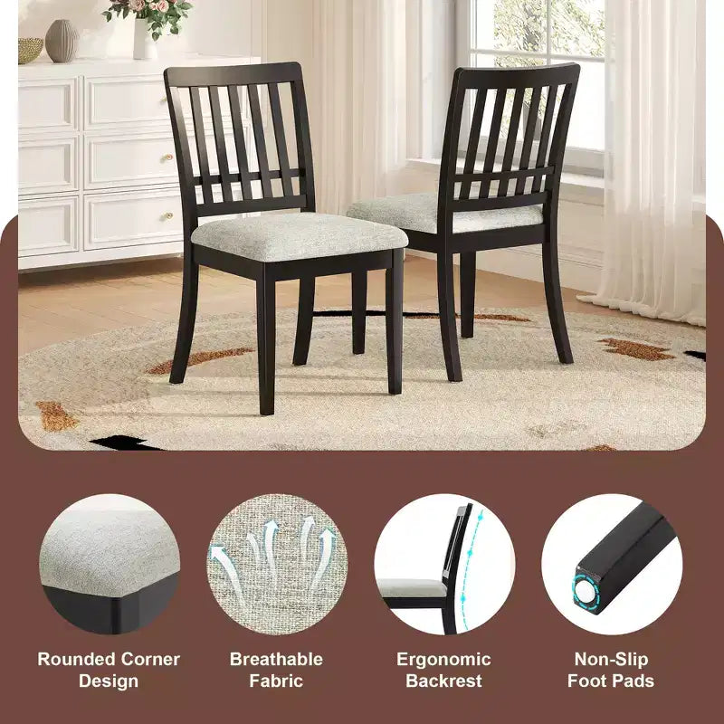 Dining Chairs with Curved Wood Backrest and Gray Fabric Seat