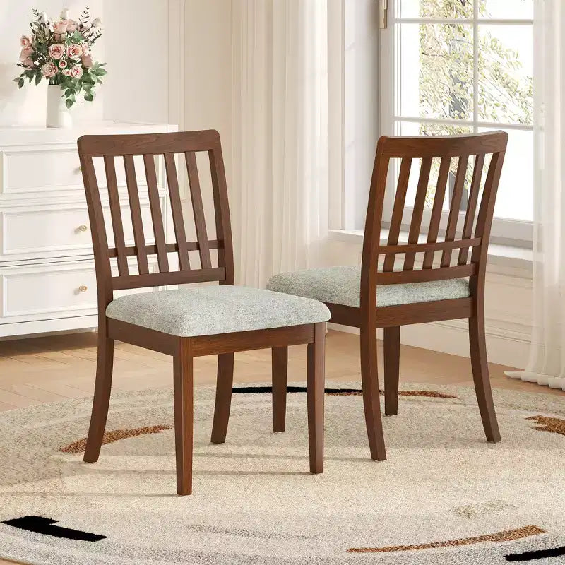 Dining Chairs with Curved Wood Backrest and Gray Fabric Seat