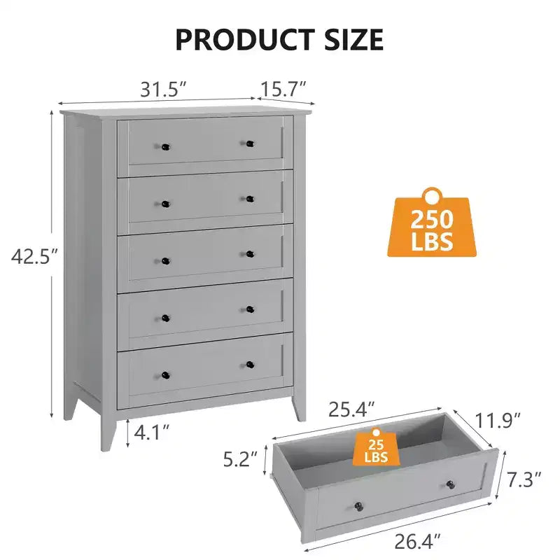 5 Drawers Dresser Wood Chest of Drawers, Storage Dressers Organizer with Gold Handles, Deep Drawers, Living Room, Closet, Hallway, Grey