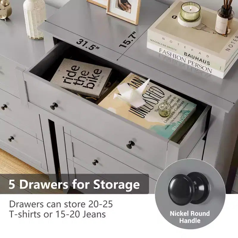5 Drawers Dresser Wood Chest of Drawers, Storage Dressers Organizer with Gold Handles, Deep Drawers, Living Room, Closet, Hallway, Grey