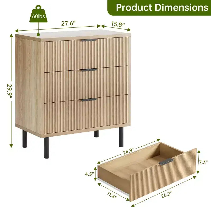 Dresser, Chest of Drawers - 29.9 Fluted Wood Grain 3-Drawer Organizer with Metal Legs & Anti-Tip Device