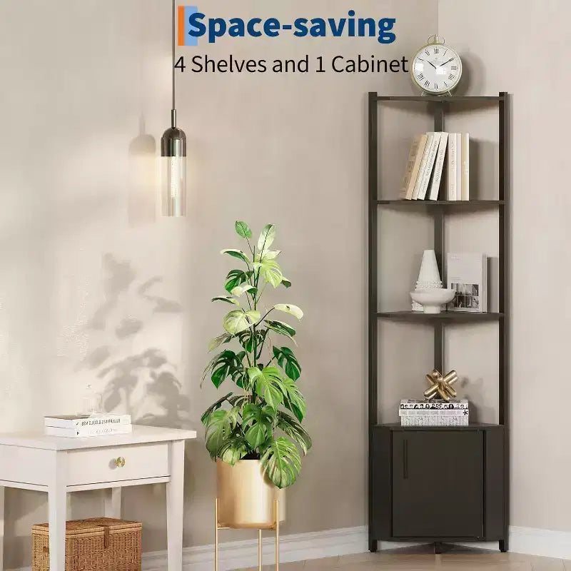 Corner Shelf, Adjustable Brightness, Modern Metal Frame & Wood Display Rack, Space-Saving Organizer for Living Room, Bedroom, Kitchen