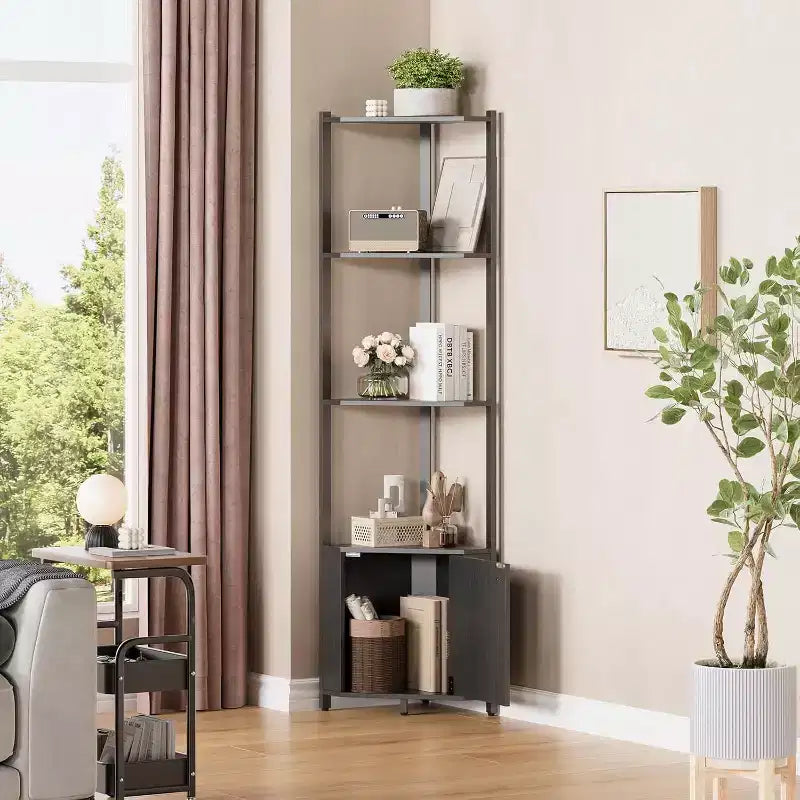 Corner Shelf, Adjustable Brightness, Modern Metal Frame & Wood Display Rack, Space-Saving Organizer for Living Room, Bedroom, Kitchen