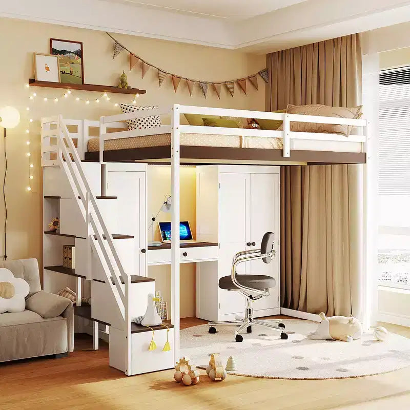 Full Loft Bed with Storage Staircase, Built-In Dressing Table with Mirror and Drawer, Wardrobe