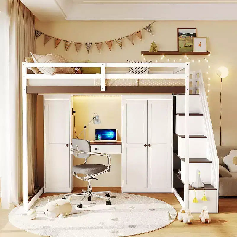 Full Loft Bed with Storage Staircase, Built-In Dressing Table with Mirror and Drawer, Wardrobe